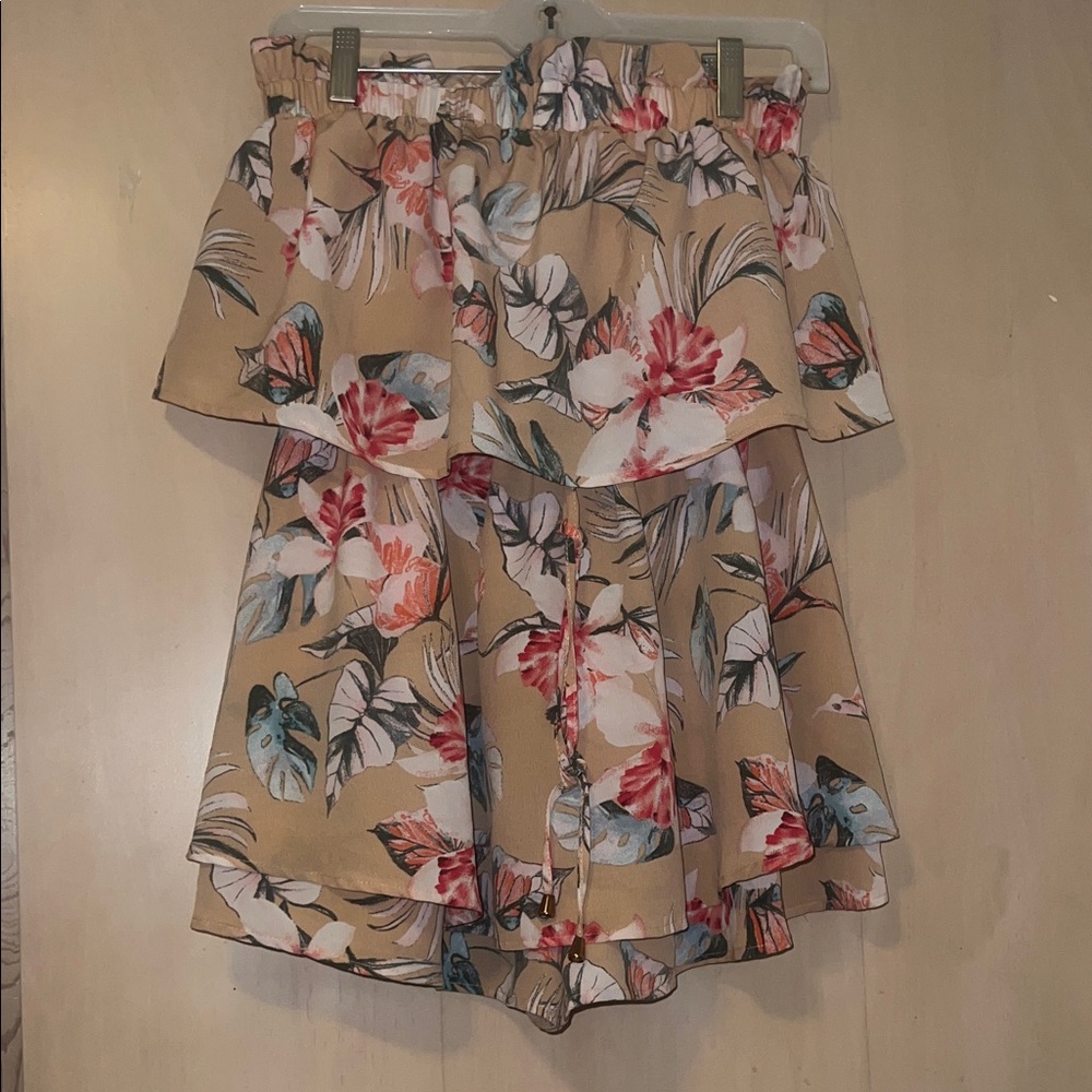 Beige Floral Tiered Off-Shoulder Romper